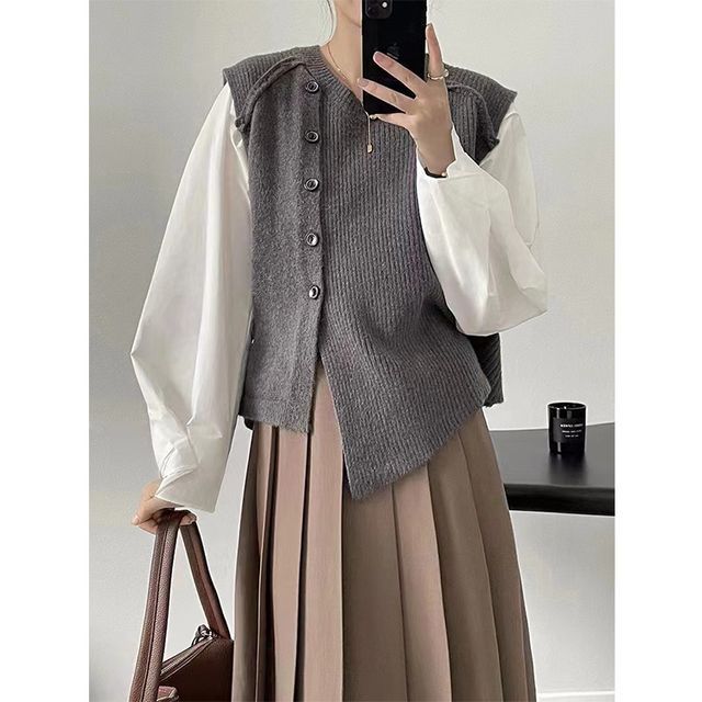 Button-Up Neck Sweater Crew Plain Asymmetrical Vest Hem