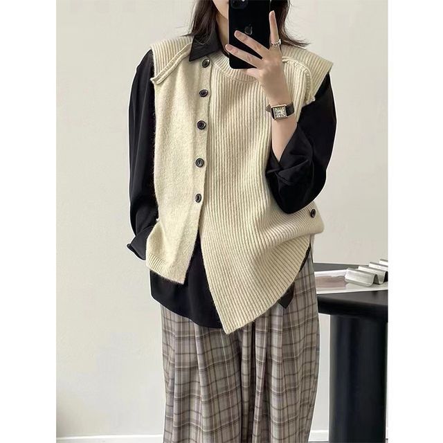 Button-Up Neck Sweater Crew Plain Asymmetrical Vest Hem