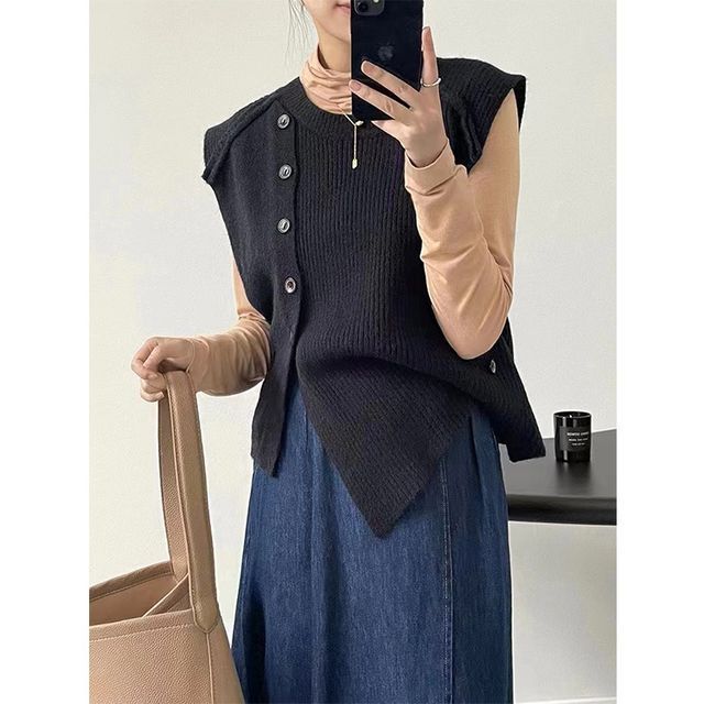 Button-Up Neck Sweater Crew Plain Asymmetrical Vest Hem