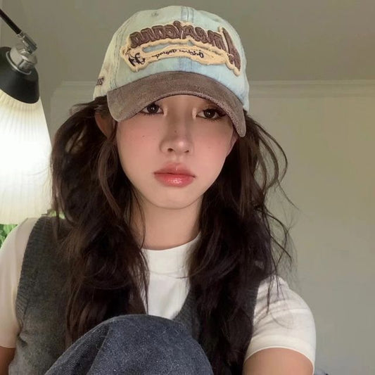 Cap Letter Embroidered Denim Baseball Two-Tone