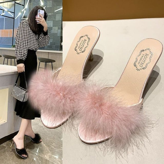 Slide High Heel Feather Sandals