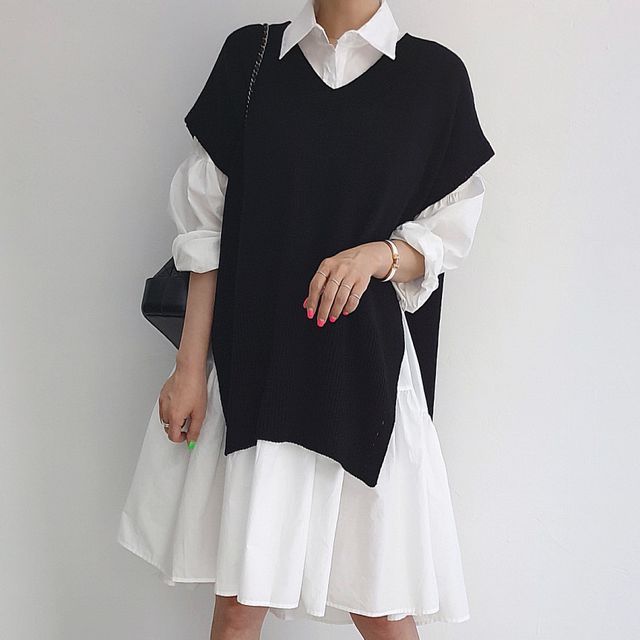 V-Neck Plain Slit Sweater Vest / Long-Sleeve Tiered A-Line Shirt Dress