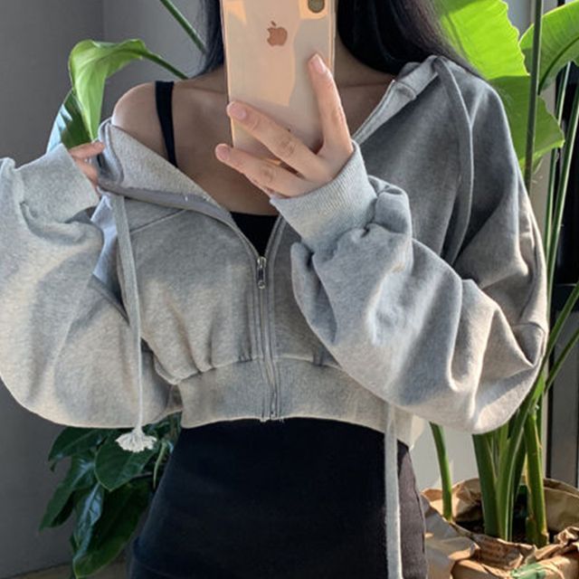 Plain Crop Zip Hoodie