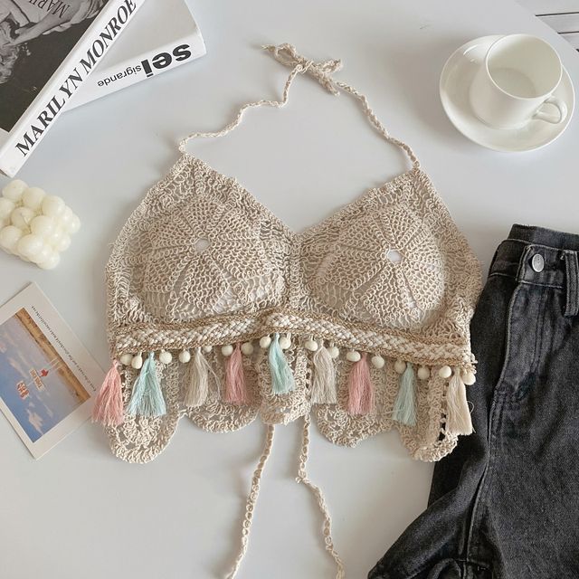 Halter Tassel Crochet Knit Bralette