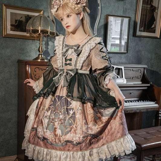 Lolita Midi-A-Linien-Kleid mit Puffärmeln, Hirsch-Print, Spitzenbesatz und Schleife