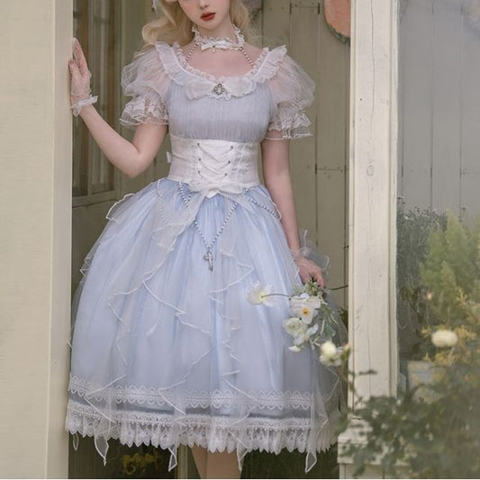 Lolita Midi-A-Linien-Kleid mit Puffärmeln und schlichtem Spitzenbesatz / A-Linien-Rock / Strumpfhose / Set