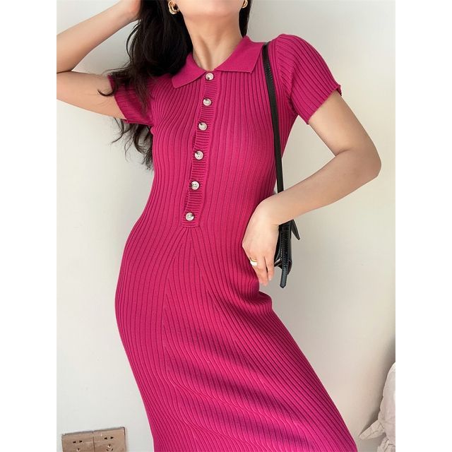 Knit Dress Short-Sleeve Sheath Polo Midi Plain