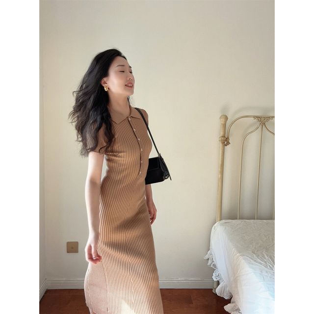Plain Short-Sleeve Sheath Knit Midi Dress Polo