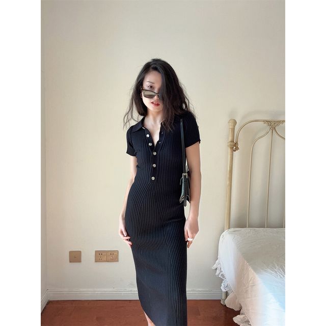 Plain Short-Sleeve Sheath Knit Midi Dress Polo