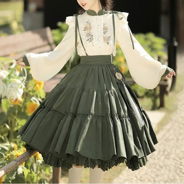 Flower Embroidered Lace Trim Lolita Blouse / Midi Jumper Dress / Set G178