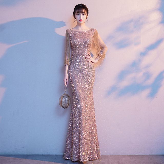 Puff-Sleeve Sequined Rhinestone Mermaid Evening Gown