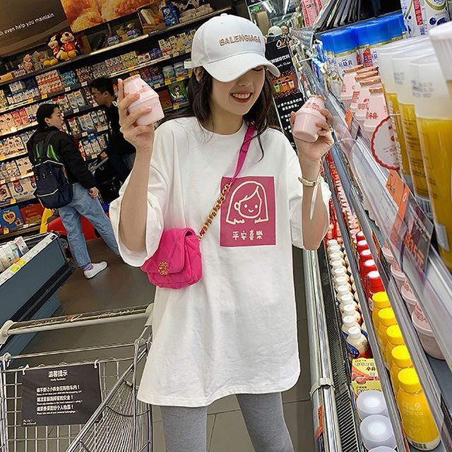 Print Elbow-Sleeve Crew Neck T-Shirt Cartoon