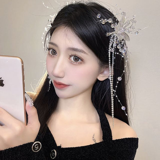 Butterfly Hair Fringed Faux Pearl Clip