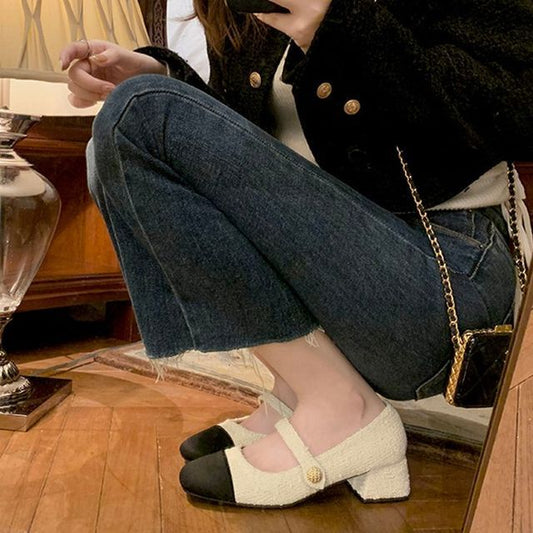 Heel Block Pumps Mary Jane Cap-Toe