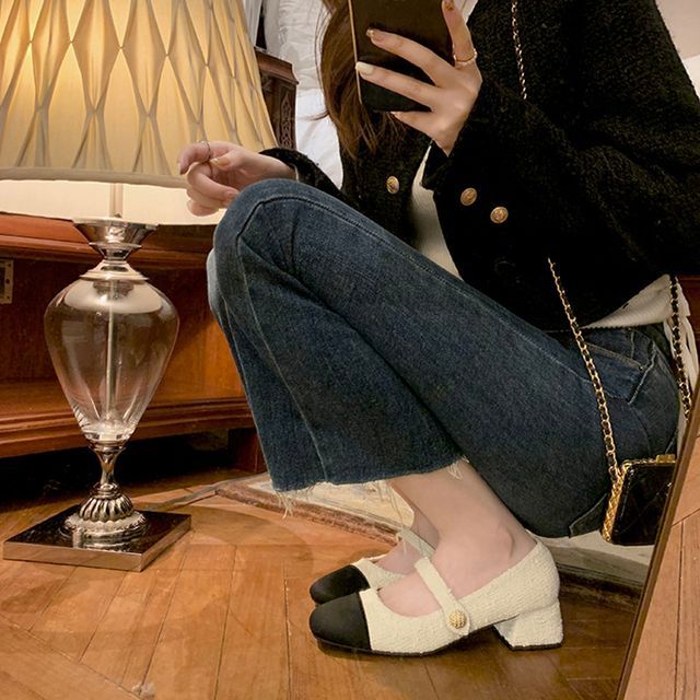 Heel Block Pumps Mary Jane Cap-Toe