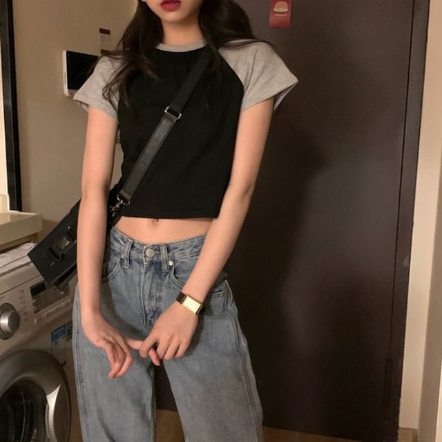 Crop Short-Sleeve Round Tee Neck Raglan