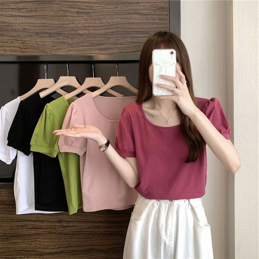 Puff-Sleeve Neck Scoop T-Shirt Plain