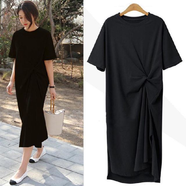 Midi T-Shirt Dress Crew Plain Twist Short-Sleeve Neck