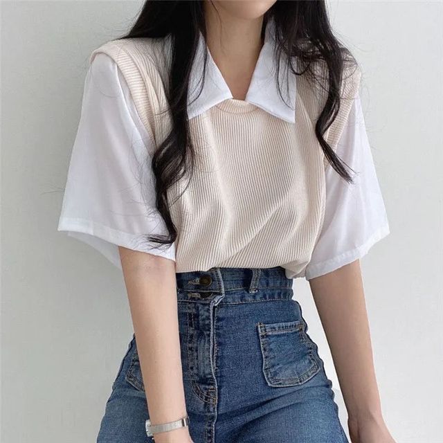 Two Mock Piece T-Shirt Short-Sleeve Collared