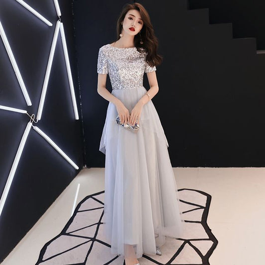 Short-Sleeve Sequined A-Line Mesh Evening Gown