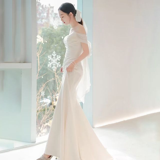 Short-Sleeve Off Shoulder Plain Bow Ruched Panel Mesh Mermaid Wedding Gown