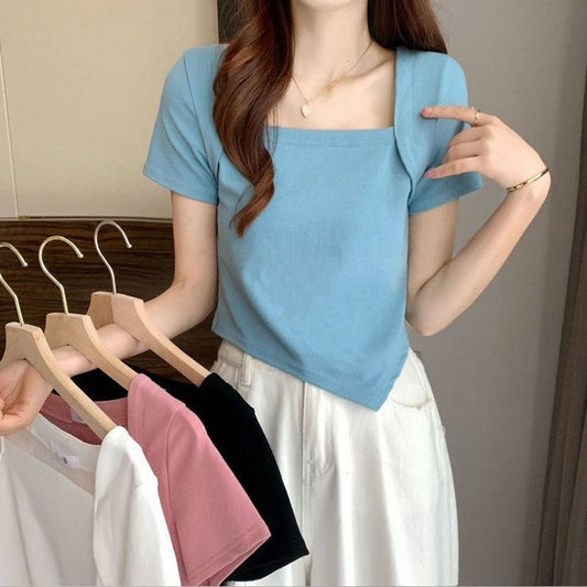 Irregular Square Short-Sleeve Cropped Neck T-Shirt