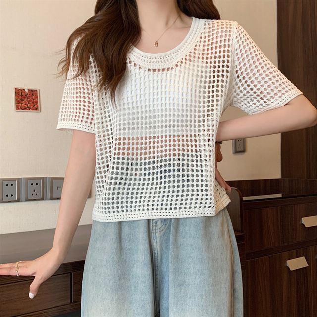 Knit Short-Sleeve Perforated Top
