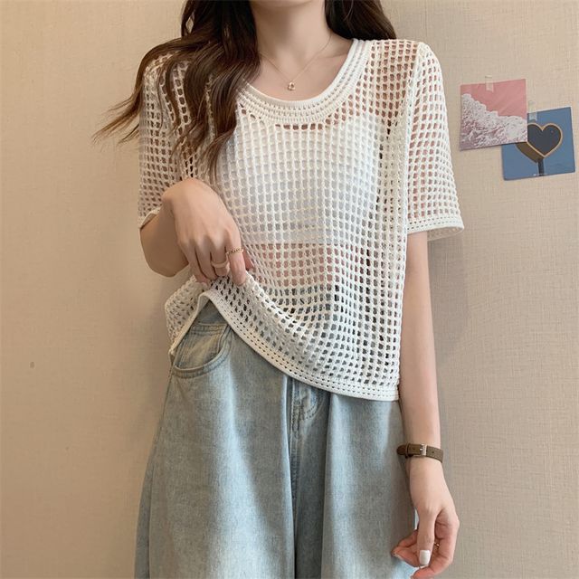 Knit Short-Sleeve Perforated Top