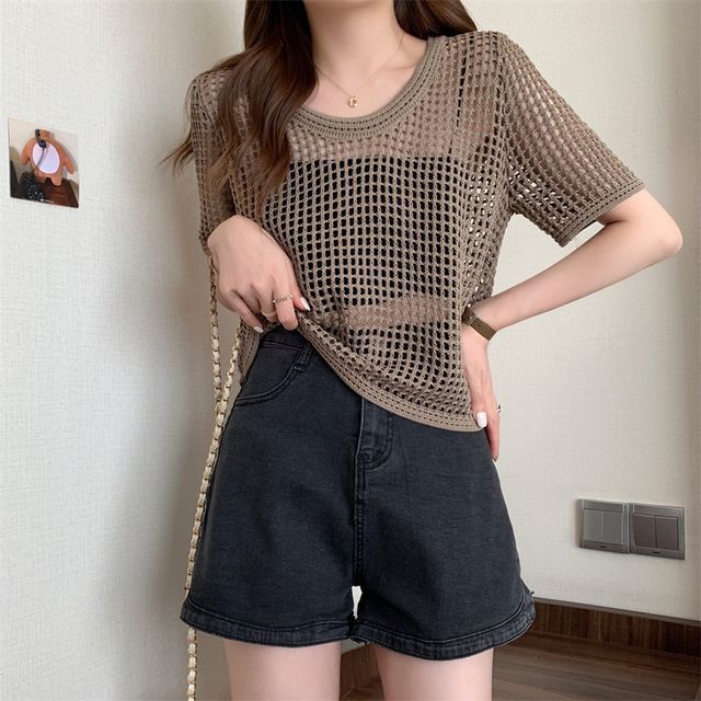 Knit Short-Sleeve Perforated Top