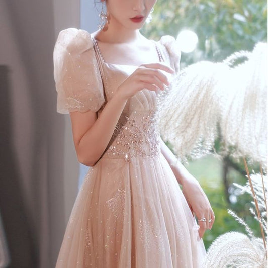 Short-Sleeve Rhinestone A-Line Evening Gown
