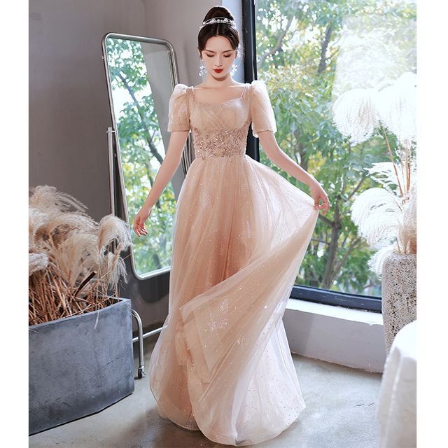 Short-Sleeve Rhinestone A-Line Evening Gown
