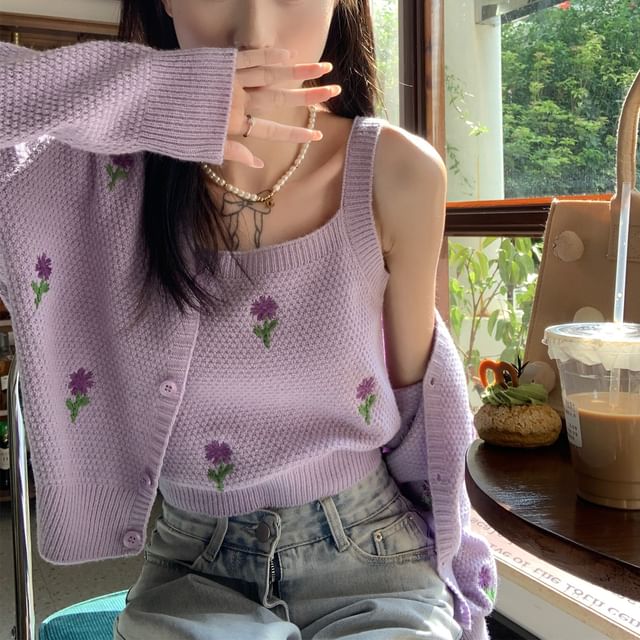 Cardigan Tank Knit Top Floral Set: Crop Embroidered + Neck Square