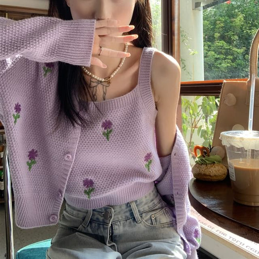 Cardigan Tank Knit Top Floral Set: Crop Embroidered + Neck Square