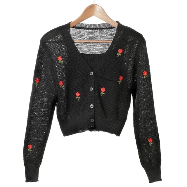 Cardigan Tank Knit Top Floral Set: Crop Embroidered + Neck Square