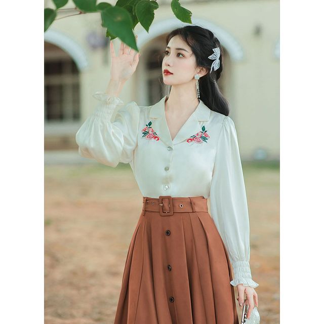 Long-Sleeve Collared Floral Embroidered Blouse / High Waist Plain Pleated Belted Midi A-Line Skirt / Set