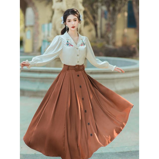 Long-Sleeve Collared Floral Embroidered Blouse / High Waist Plain Pleated Belted Midi A-Line Skirt / Set