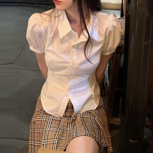 Puff-Sleeve Plain Button-Up Shirt