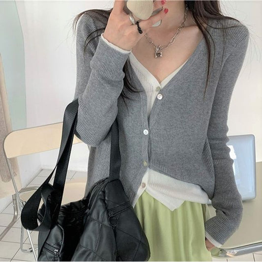 V-Neck Two Knit Two-Piece Top Tone Button-Up Mock Long-Sleeve