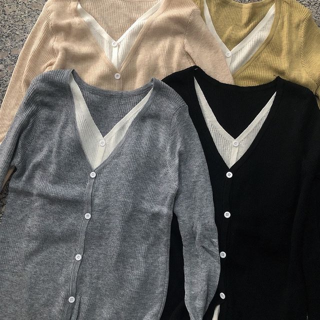 V-Neck Two Knit Two-Piece Top Tone Button-Up Mock Long-Sleeve