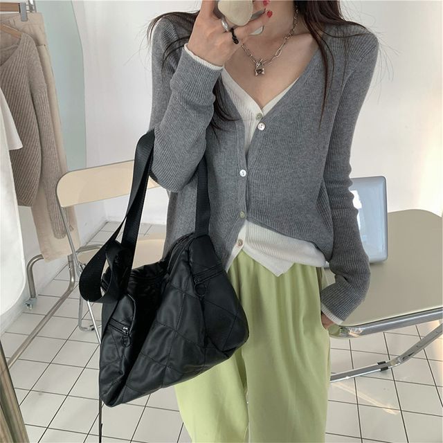 V-Neck Two Knit Two-Piece Top Tone Button-Up Mock Long-Sleeve