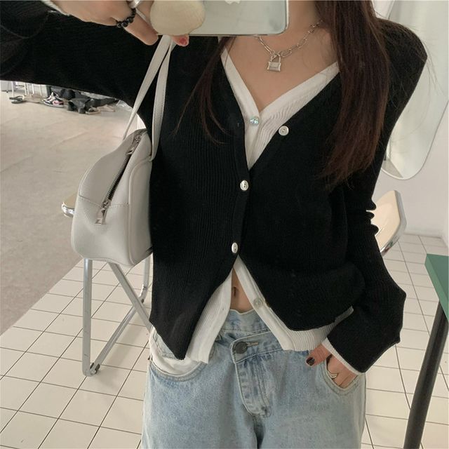 V-Neck Two Knit Two-Piece Top Tone Button-Up Mock Long-Sleeve