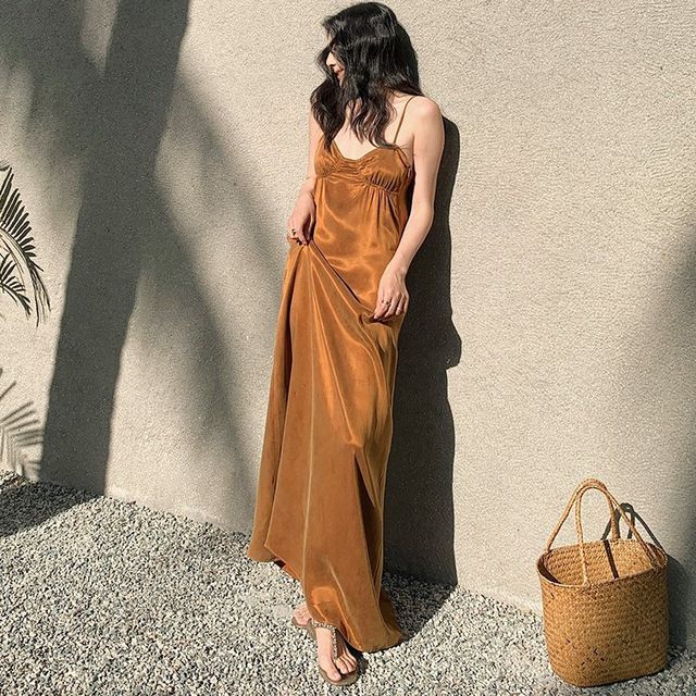 Spaghetti Strap Plain Maxi Smock Dress