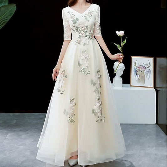 Short-Sleeve V-Neck Floral Embroidered A-Line Evening Gown