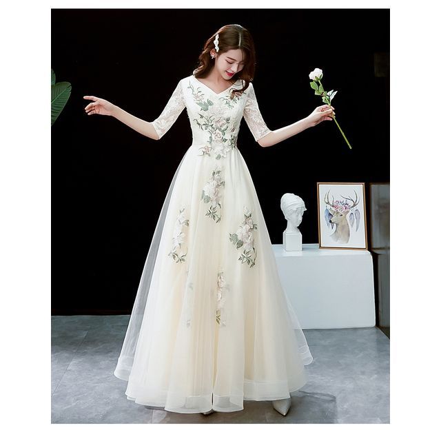 Short-Sleeve V-Neck Floral Embroidered A-Line Evening Gown