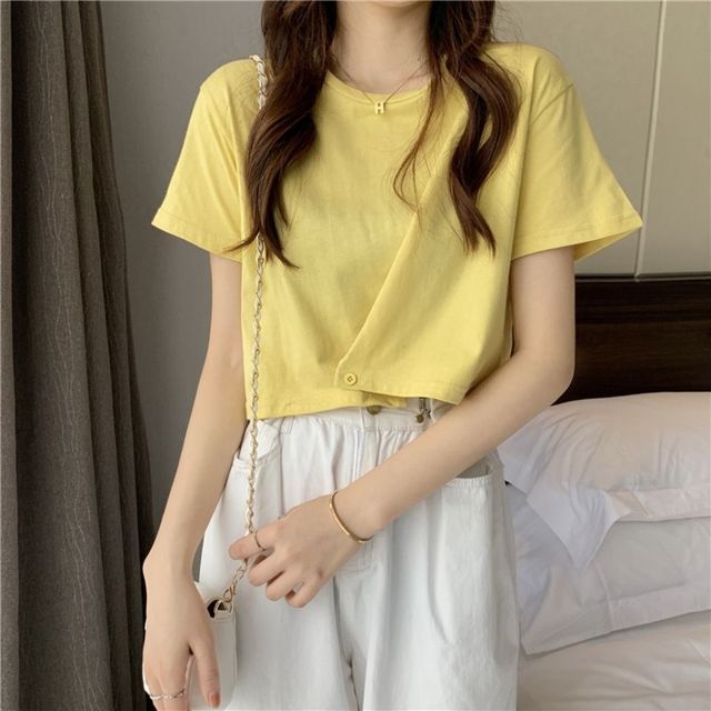 Tee Neck Round Plain Short-Sleeve Buttoned