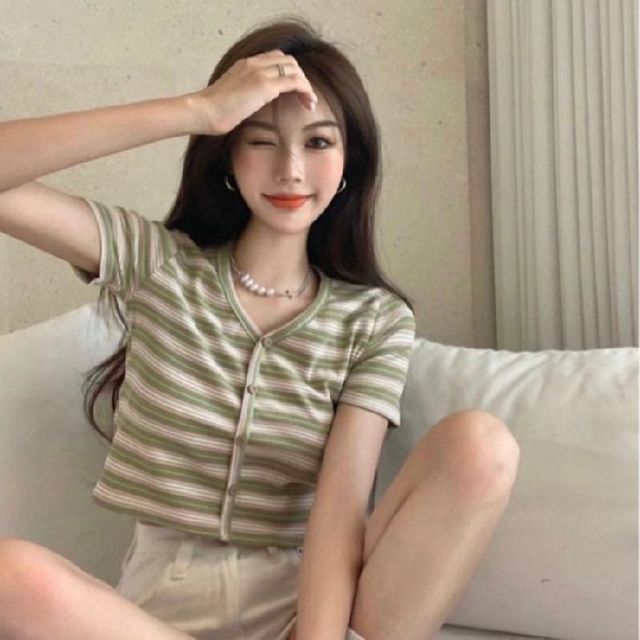Button-Up Striped Short-Sleeve Crop V-Neck Tee