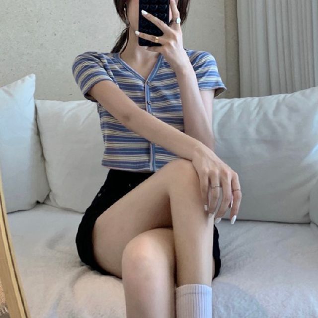 Button-Up Striped Short-Sleeve Crop V-Neck Tee