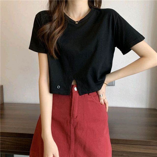 Tee Neck Round Plain Short-Sleeve Buttoned