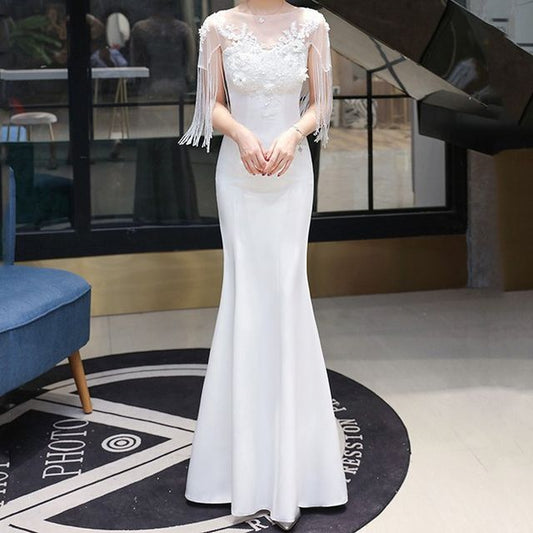 Short-Sleeve Boat Neck Plain Flower Embroidered Beaded Fringe Panel Mesh Mermaid Evening Gown