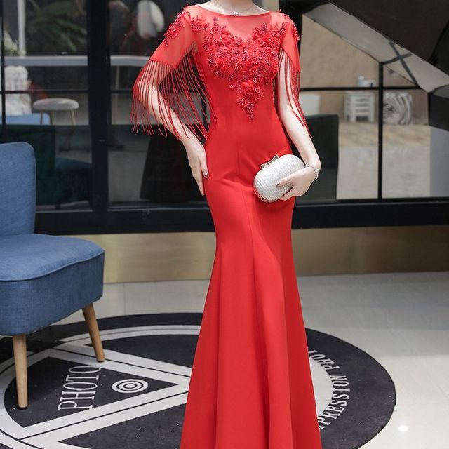 Short-Sleeve Boat Neck Plain Flower Embroidered Beaded Fringe Panel Mesh Mermaid Evening Gown